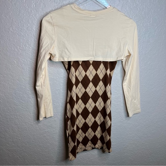 Shein Brown/Cream Quilted Dress W/Sweater Overlay - Picture 5 of 6